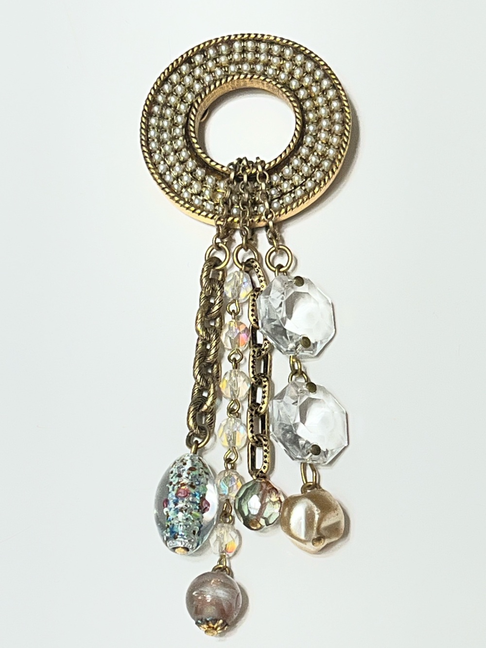 Maximal Art Gold-Tone Brooch by John Wind with Rows of Faux Pearl and Charms